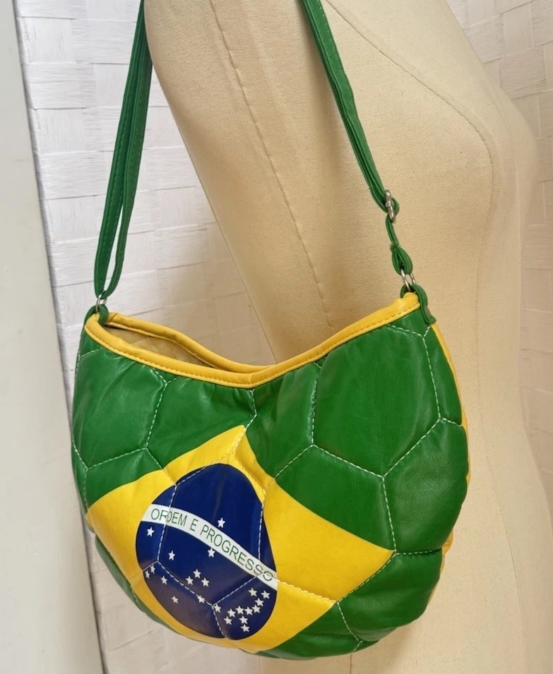 Vintage 90s Vinyl Soccer Plastic Ball Purse Brazil Flag Shoulder Bag Unique