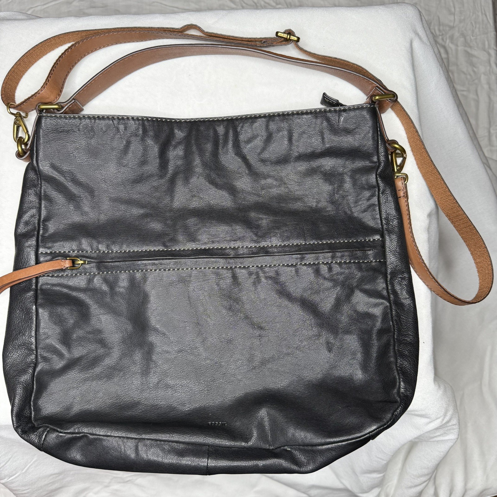 Fossil Purse Black Corey Messenger Hobo Tote Leather Crossbody Adjustable Strap