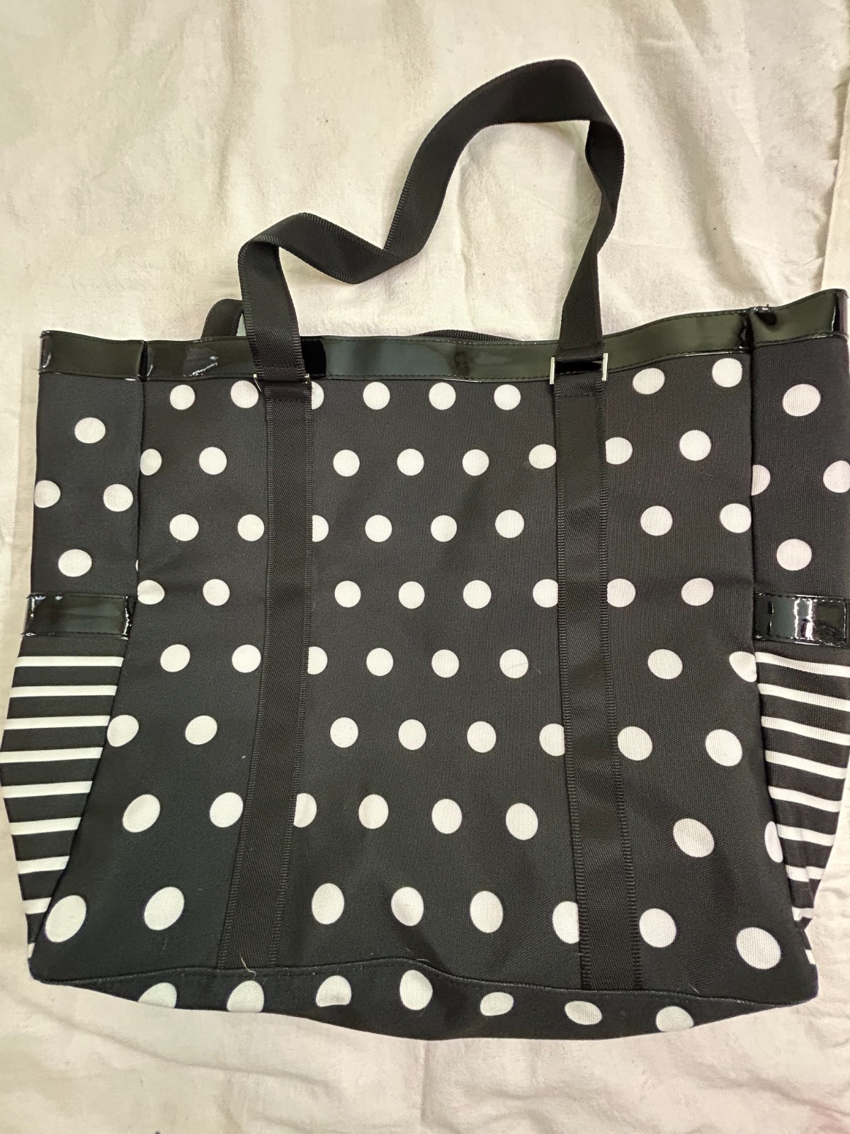 VON MAUR Ex Large Tote Bag Black White Polka Dot Striped Travel Shoulder Purse