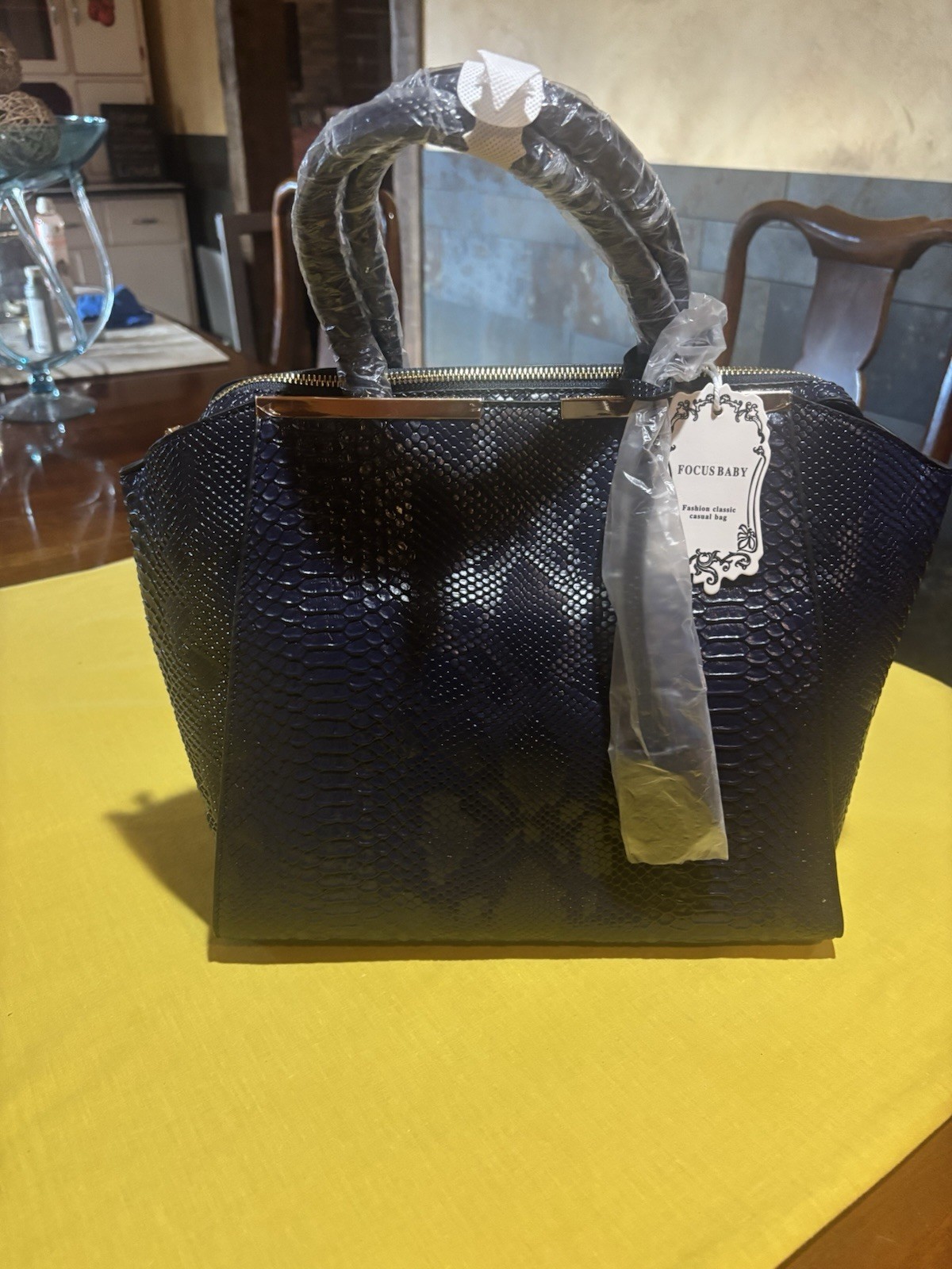 Focus Baby Navy Blue Faux Snakeskin Satchel Handbag w/ Matching Clutch NWT