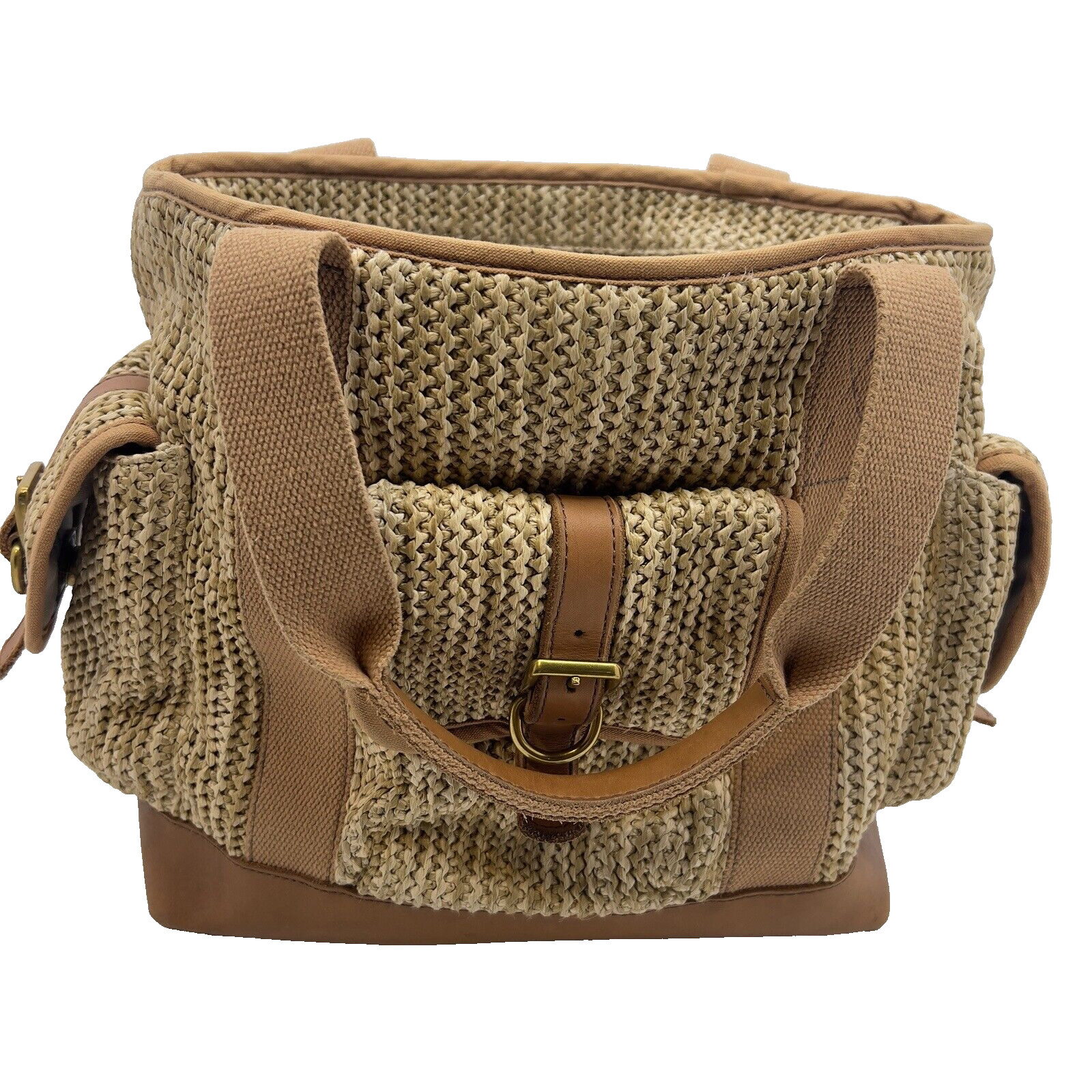 Fossil Handbag Large Weekend Raffia Natural Tote Bag Tan Leather Trim
