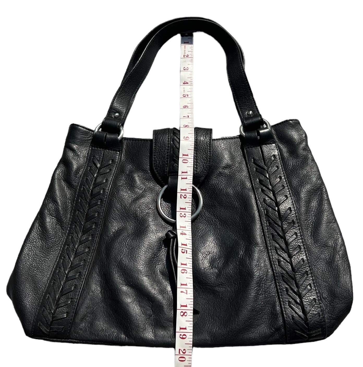 a.n.a Black Leather Handbag Shoulder Bag Purse Braided Details Fringe Loop Snap