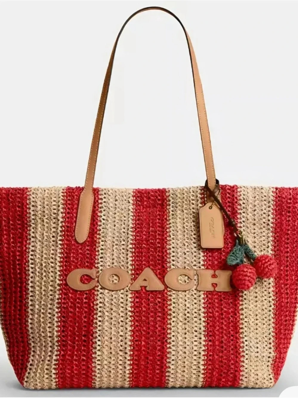 Coach Striped Straw City Tote Womens Shoulder Bag with Charm CER30 Red/Tan NWT