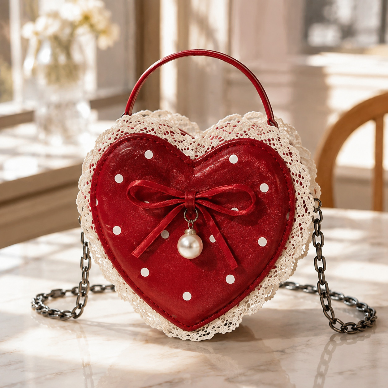 Heart Shaped Crossbody Bag Lace Bow Polka Dot Y2K Coquette Women’s Purse