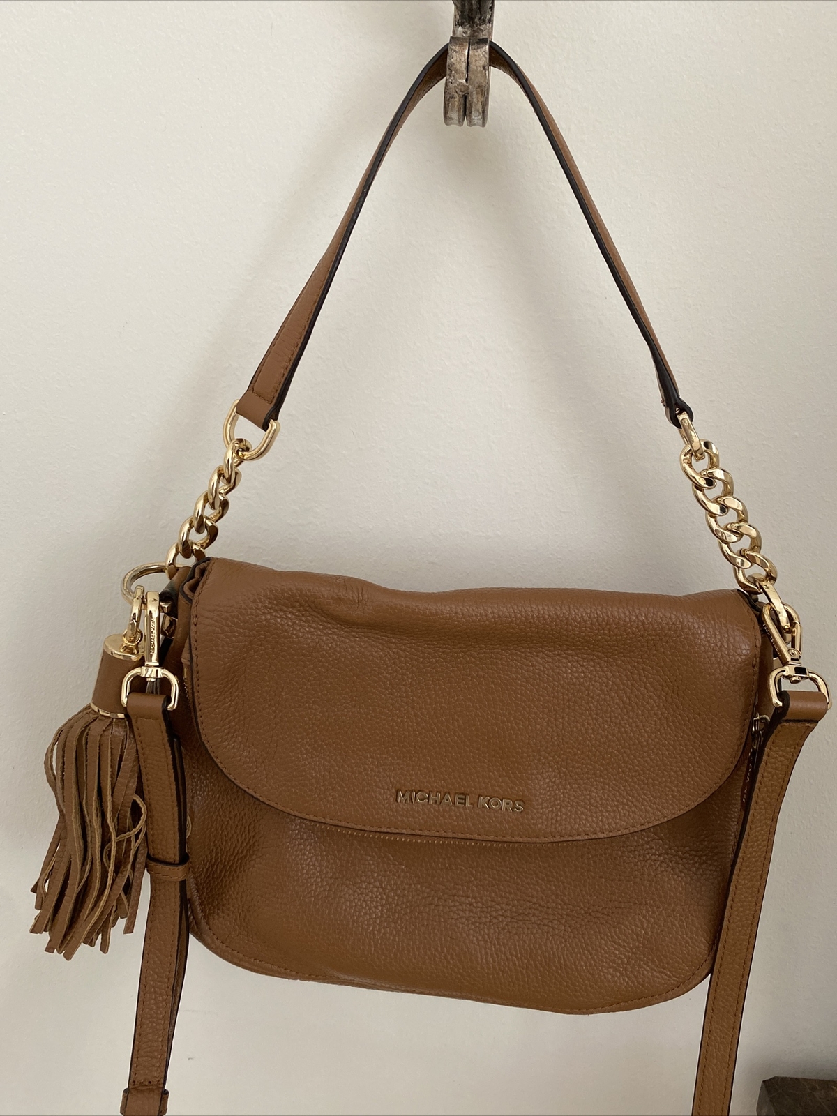 Michael Kors Handbag Purse Weston Tassel Crossbody British Tan Leather Gold