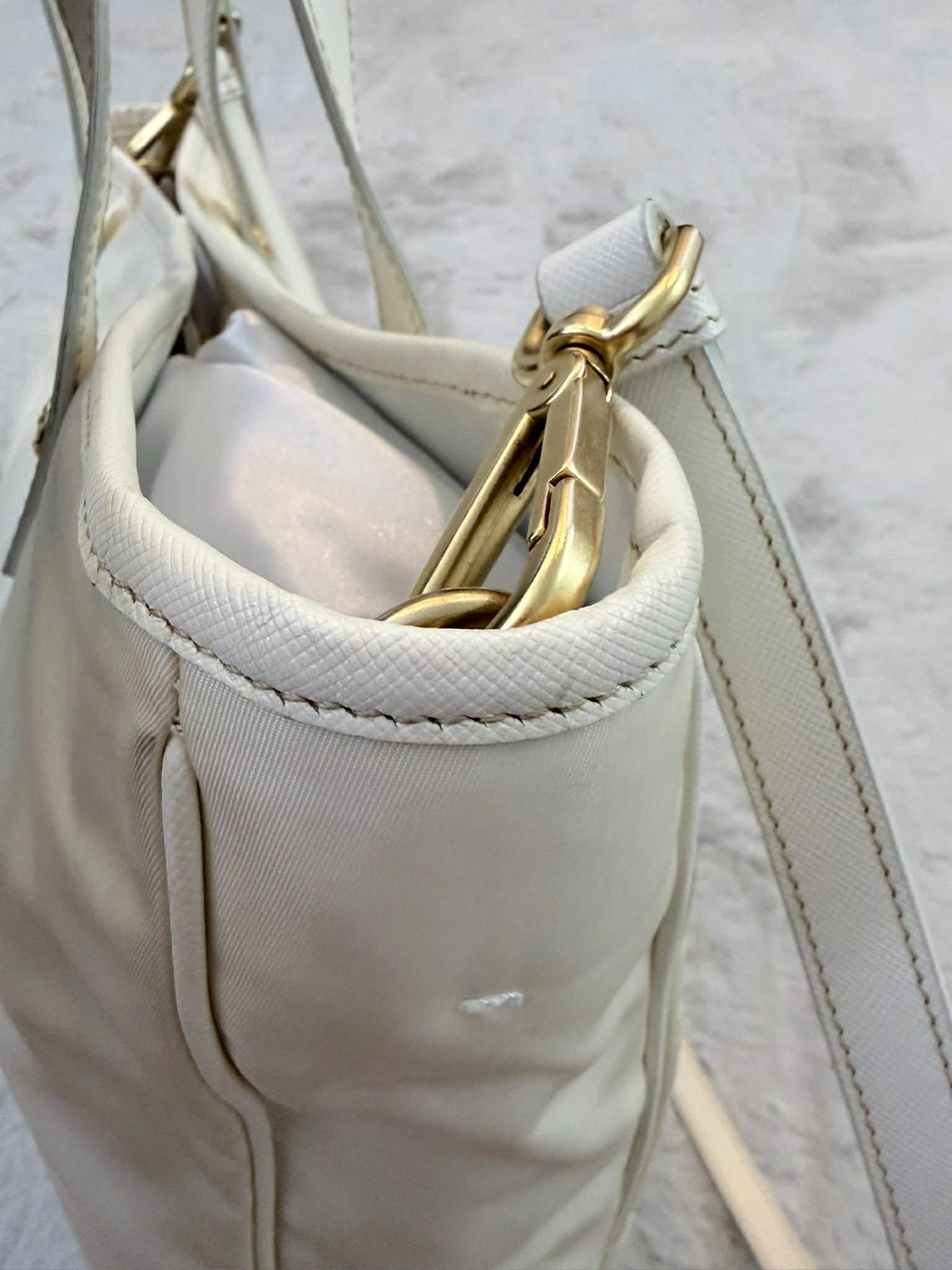 PRADA Tessuto Nylon Logo Tote Bag White Saffiano Leather Trim Shoulder AUTHENTIC