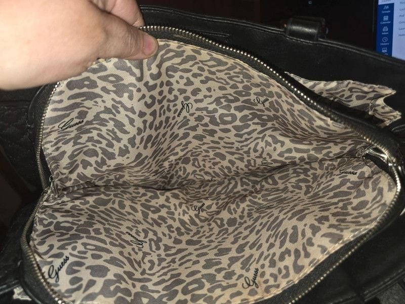 Guess Black Quilted Faux Leather Padlock Satchel Tote Bag Leopard Cheetah Lining