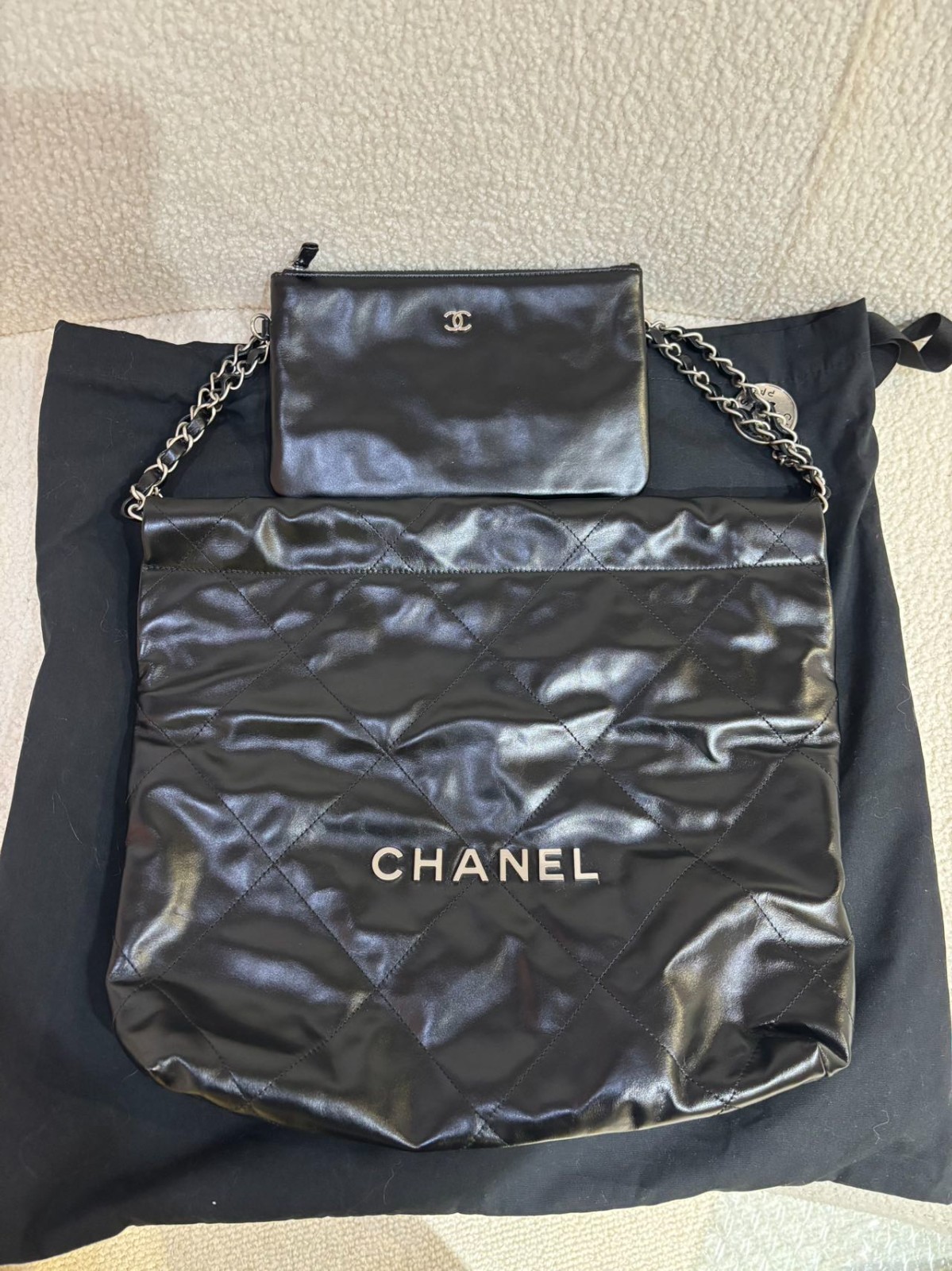 Chanel 22 Bag Small Black Quilted Shiny Calfskin Leather Silver Hardware