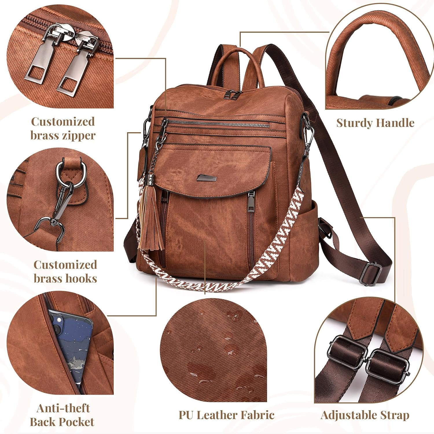 PU Leather Backpack Purse for Women | Fashion Tassel Ladies Purse Backpack Handb