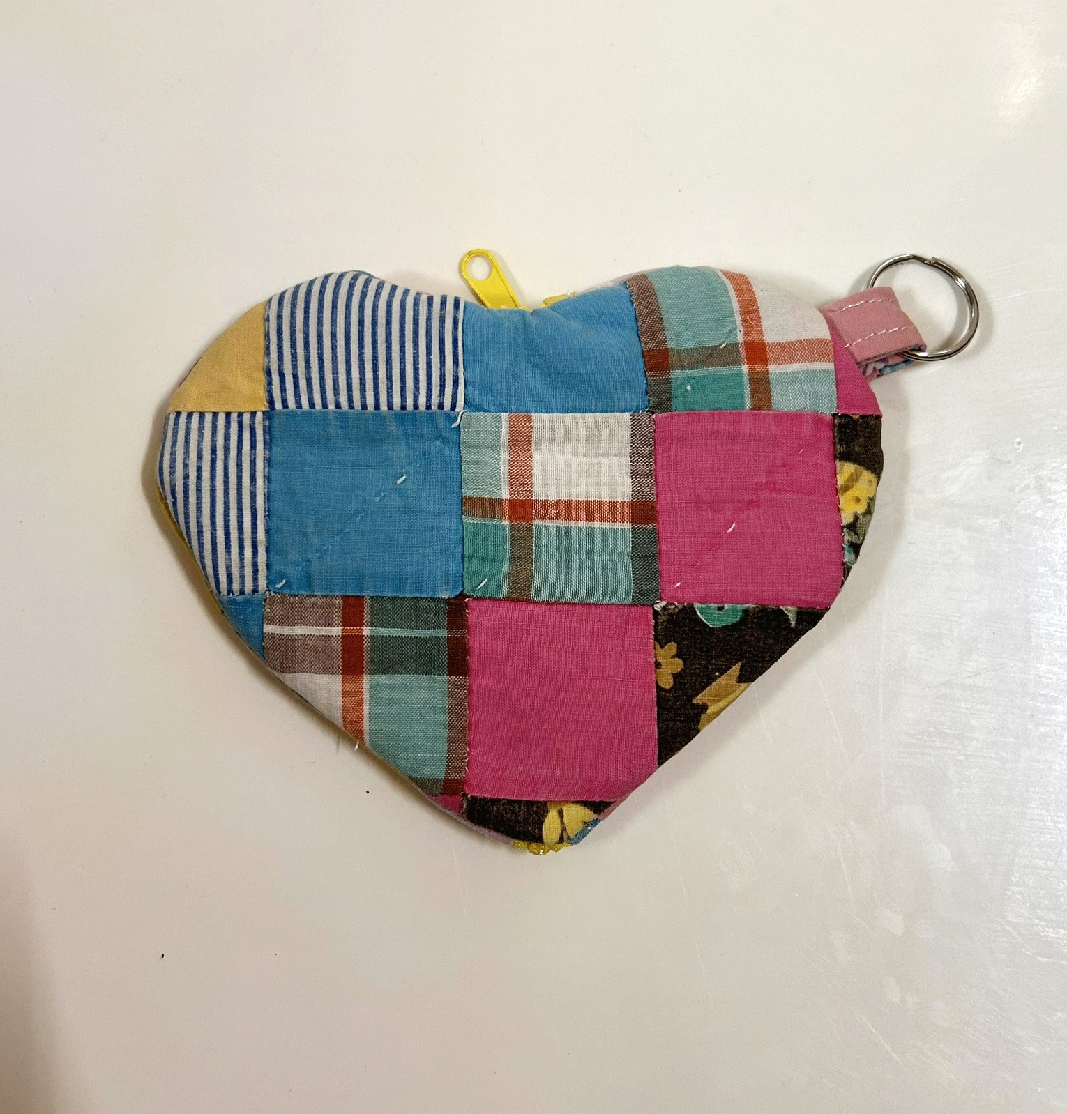 Handmade Hand Stitched Quilted Heart Zipper Pouch Key Chain Purse Charm