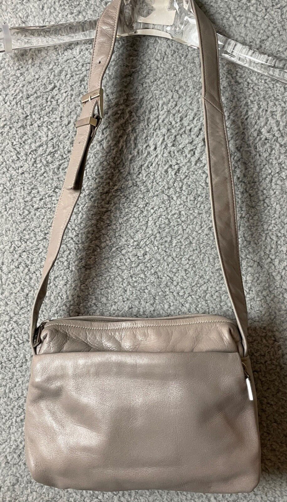 Perlina New York Womens Crossbody Handbag Gray Zip Close Outside Zip Leather