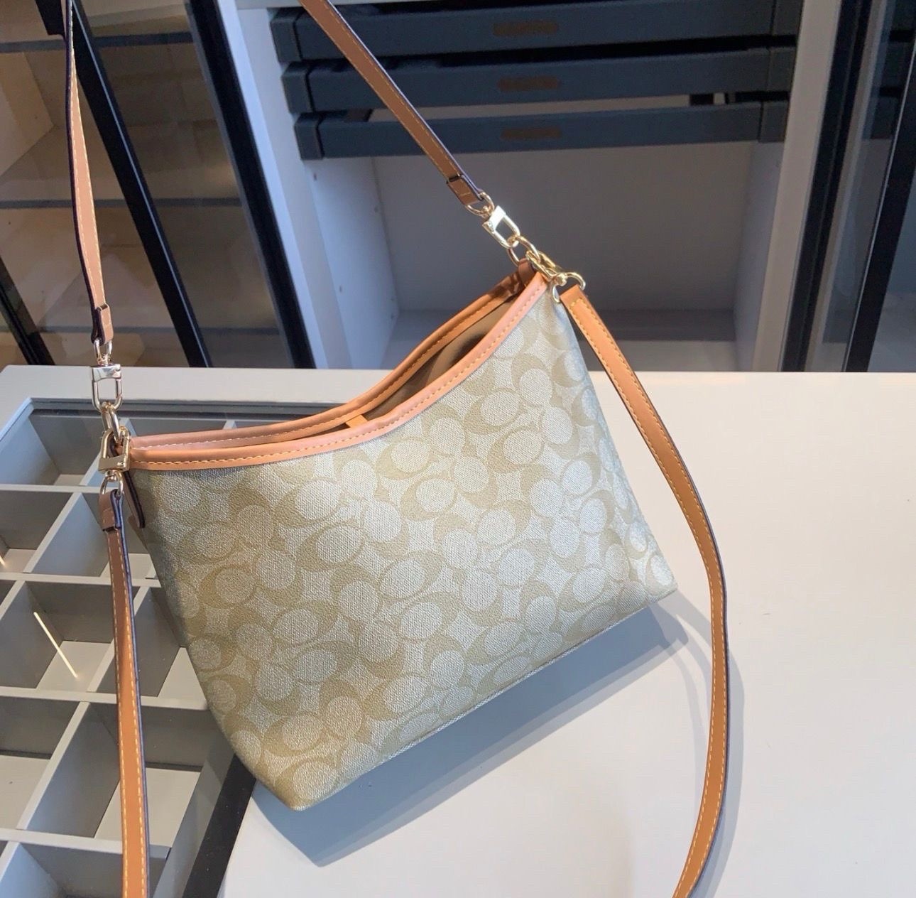 Coach Signature Monogram Beige/Tan Small Crescent Crossbody Adjustable Strap