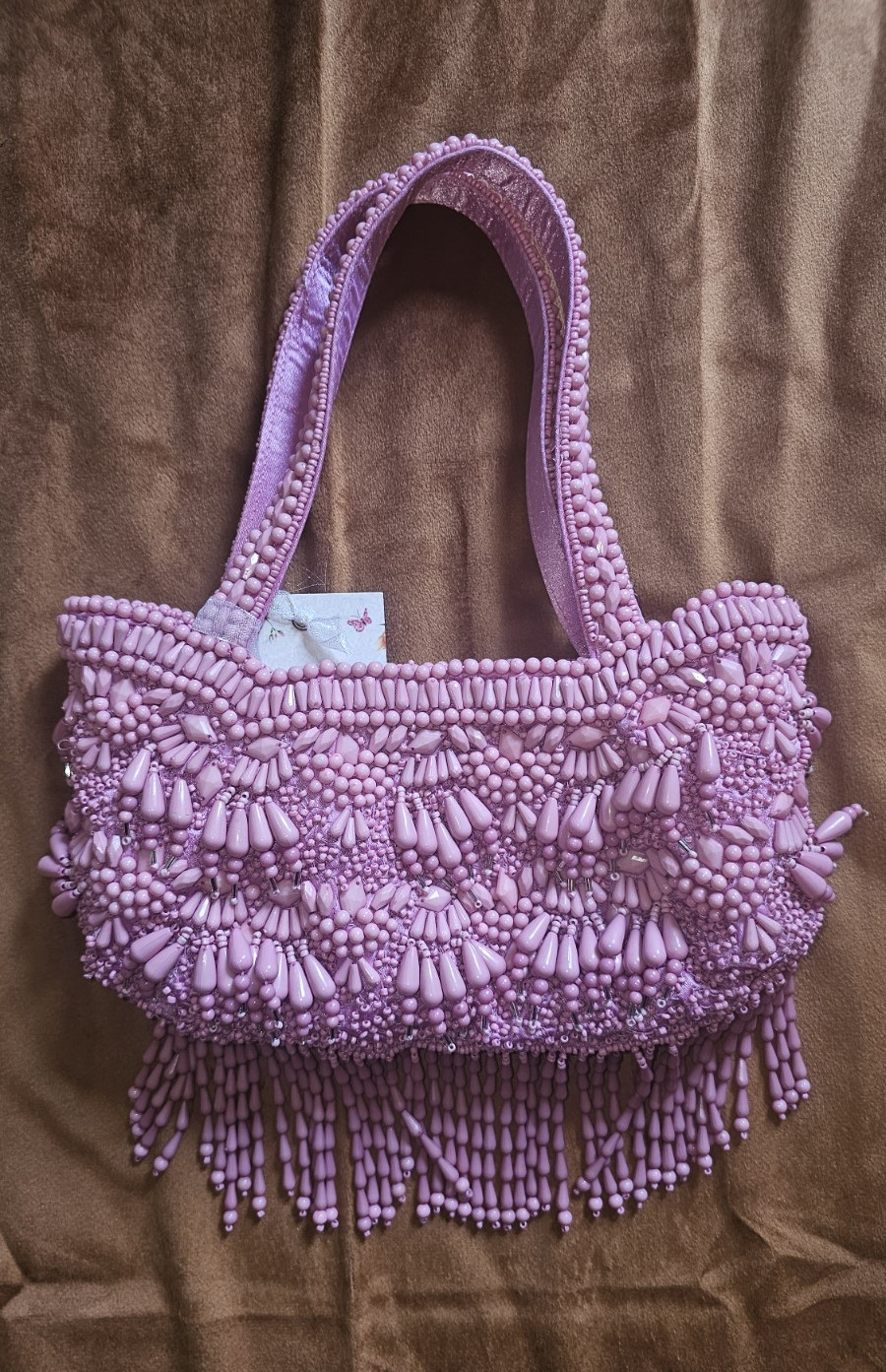 Purple Beaded Fringe Top Handle Handbag Magnetic Closure Lined Party/Cocktail