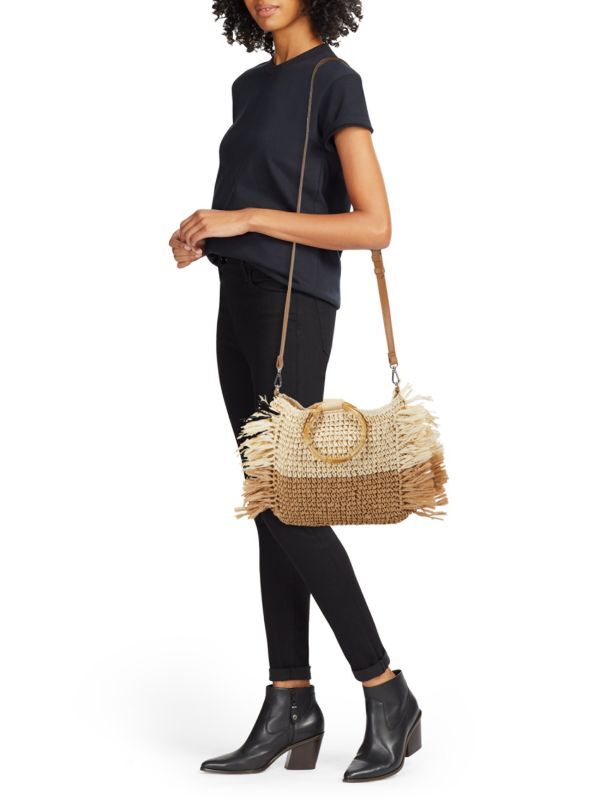 COLLECTION 18 Two-Tone Bamboo Fringe Satchel Lined Inner Pocket Adjustable Strap