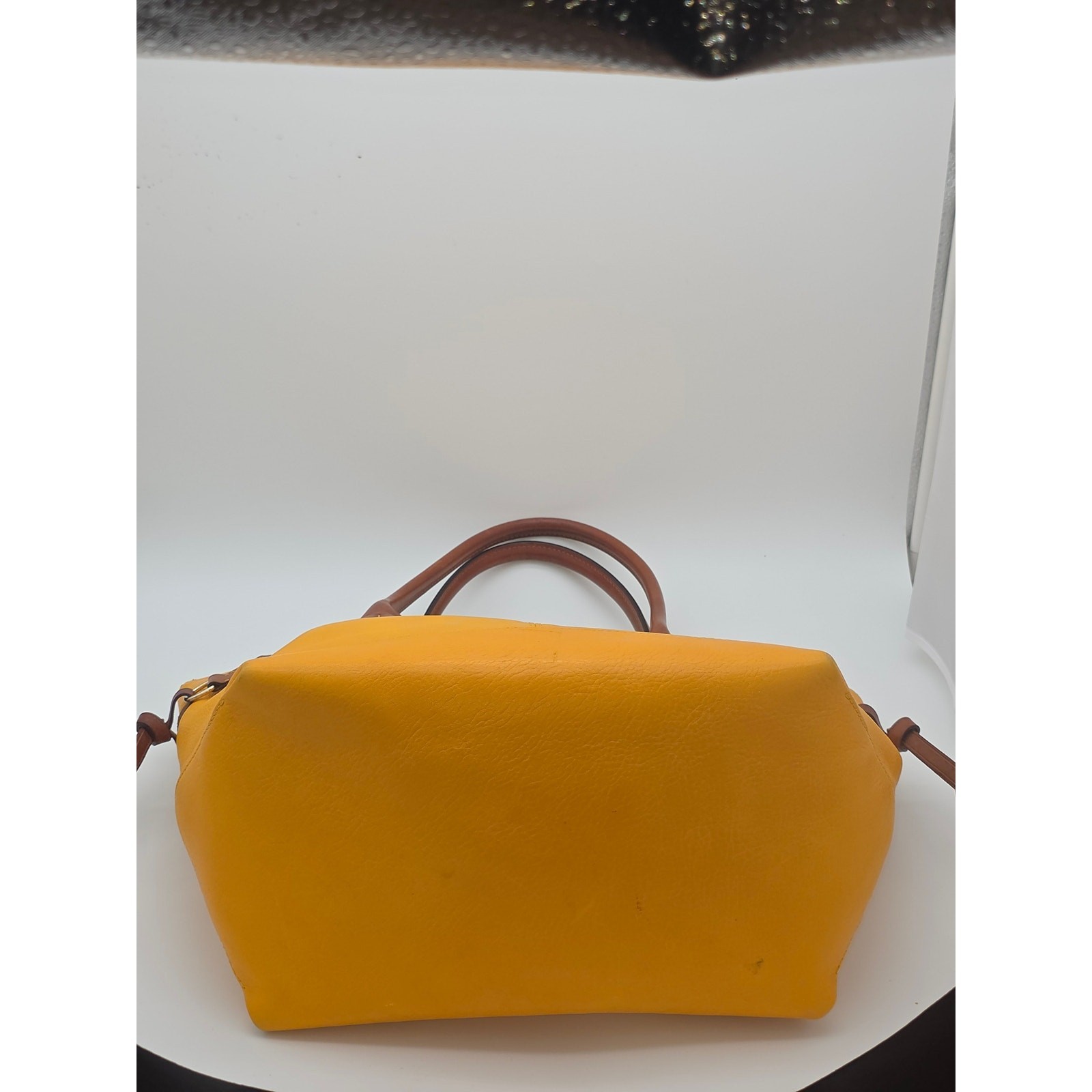 Dooney & Bourke Yellow Leather Bucket Tote Cognac Trim Duck Logo Silver