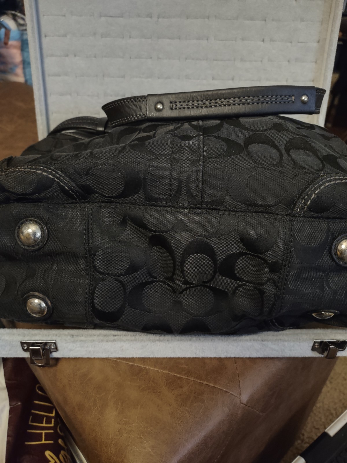 Coach Signature Black Jacquard Leather Trim Satchel Shoulder Bag Horsebit Charm
