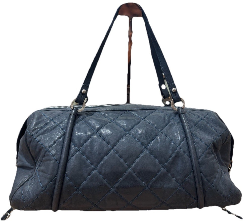 Authentic Chanel Vintage Quilted Calfskin Bowling Boston Bag Silver Hardware