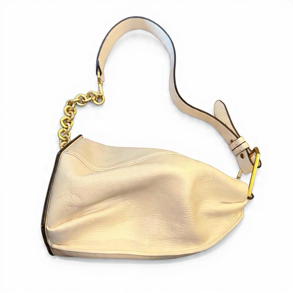 LOEUVRE Sac de Trompette In Ivory Sheepskin Leather Hexagon Shoulder Bag