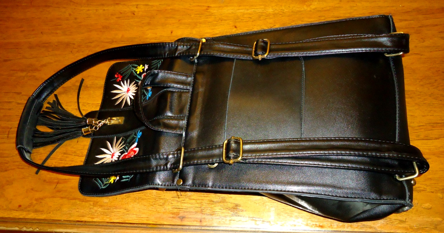 Embroidered Flower Black Leather Backpack Bag 10″W x 12″H x 5″D