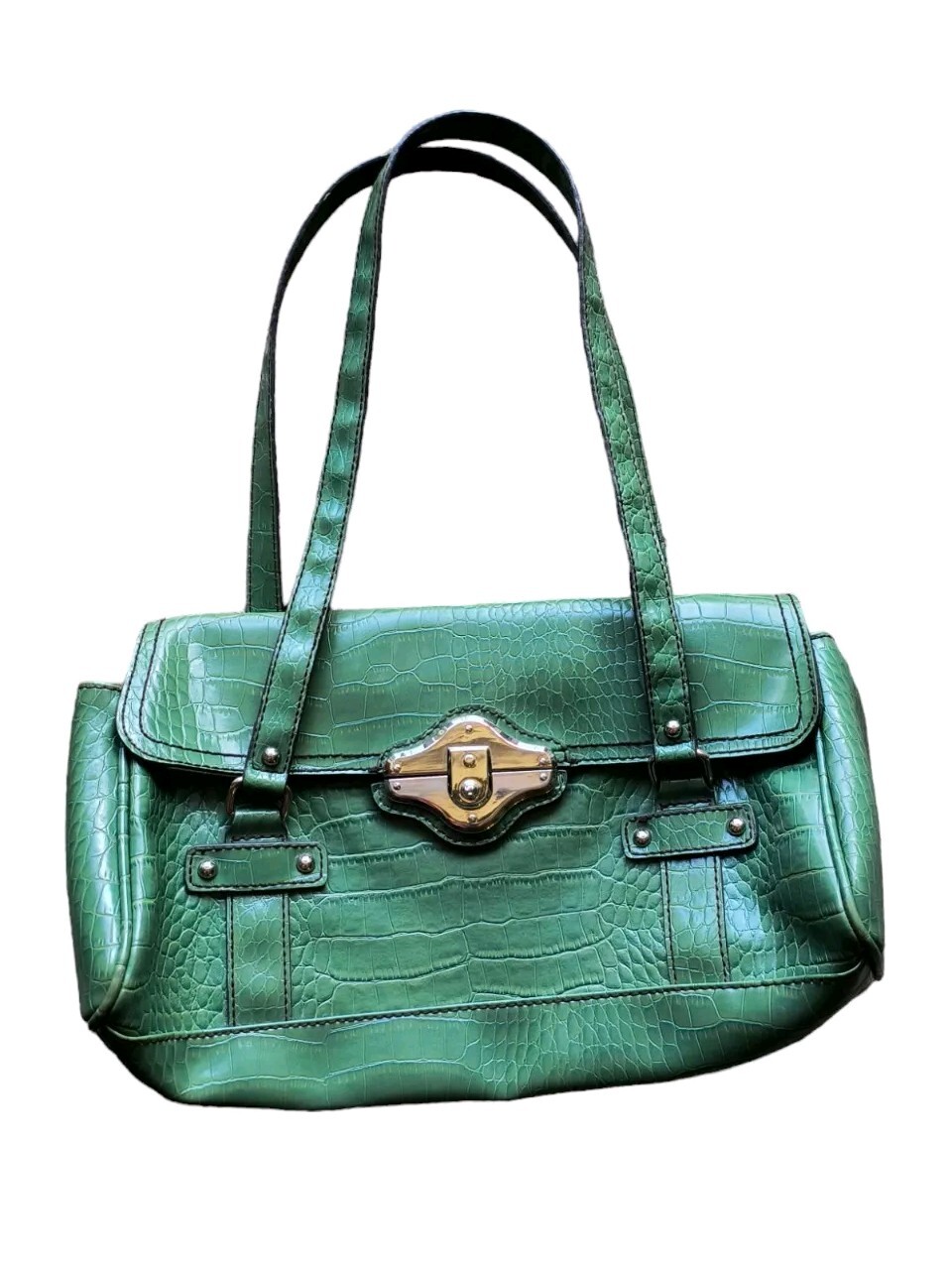 Liz Claiborne Mock Crock Hand Bag Green Faux Alligator Leather Snap Mob Wife