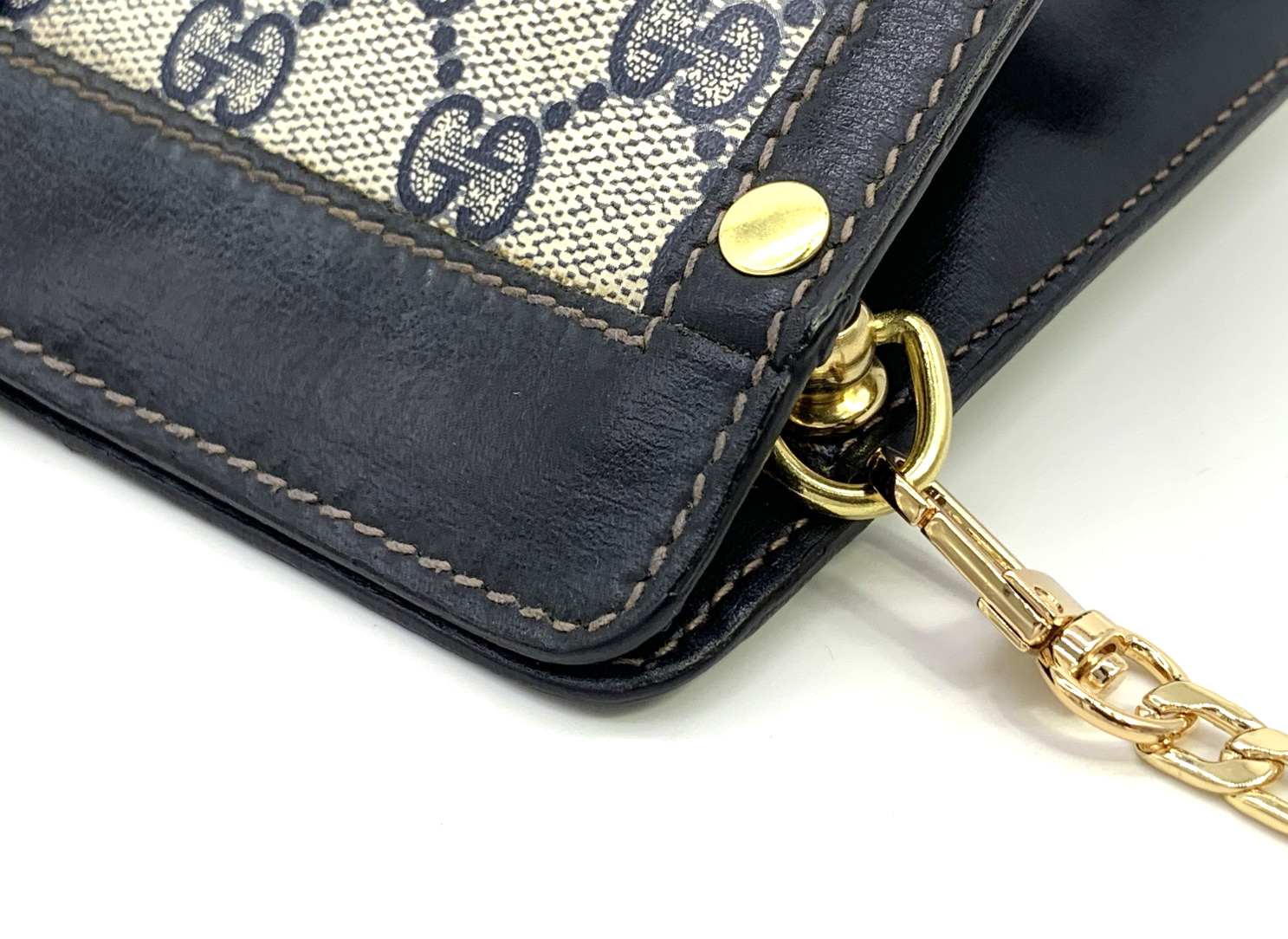 GUCCI VINTAGE GG Supreme Shoulder Bag Chain Strap Sherry Navy Classic Authentic