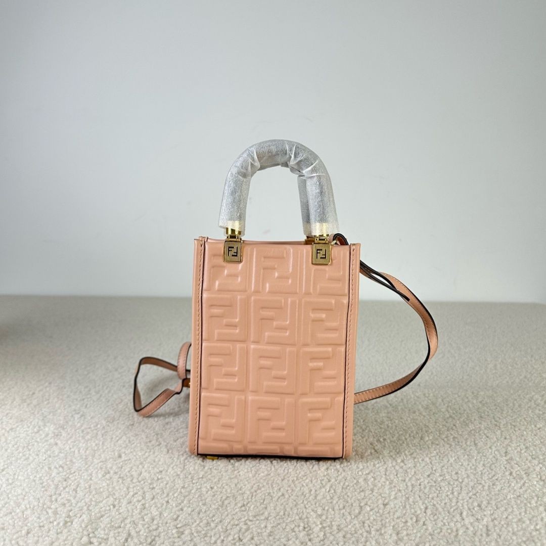 AUTH Fendi Sunshine Mini Pink FF Logo Leather Tortoise Handle Crossbody Tote Bag