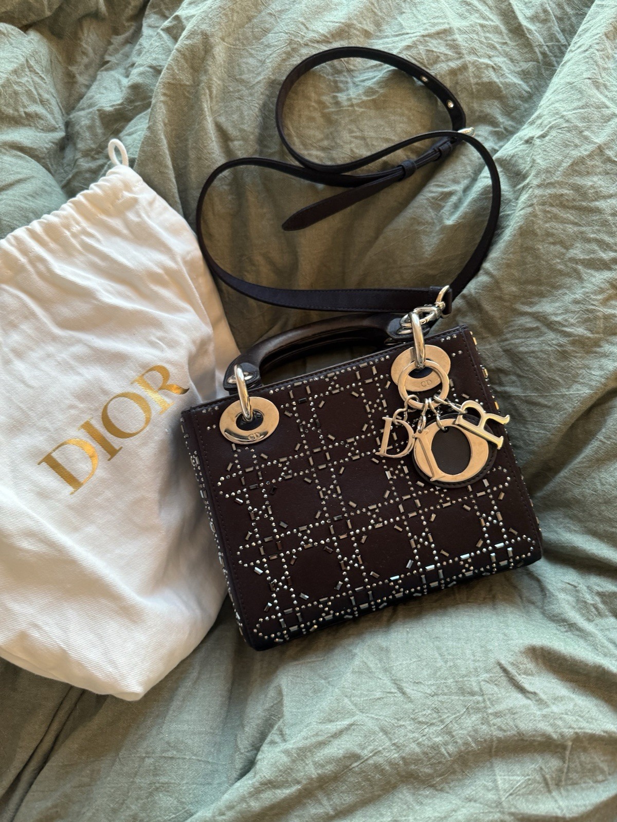 Dior Dark Navy Satin Crystal Lady Dior Mini