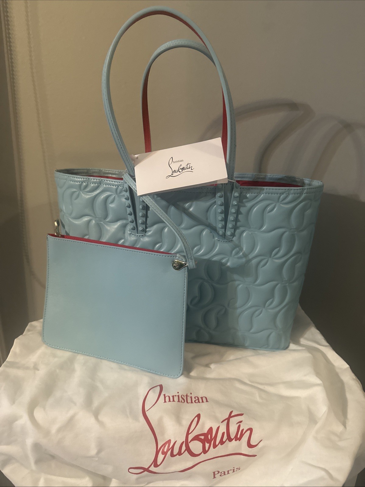 Christian Louboutin Cabata Tote Embossed Nappa Leather MINERAL BLUE NWT $1990
