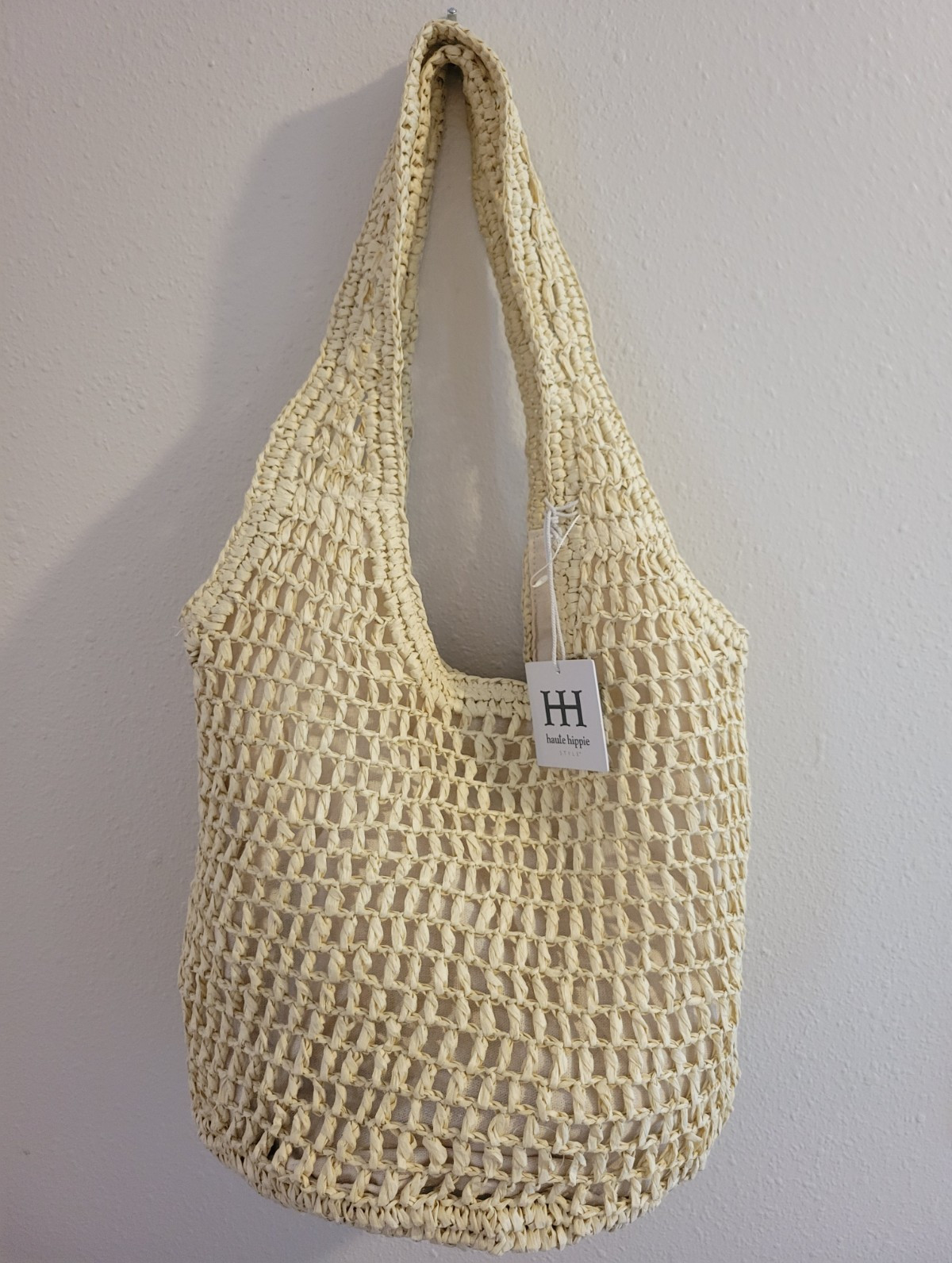Haute Hippie Beige Crochet Shoulder Bag Gold Hardware Snap Closure Lined Pockets