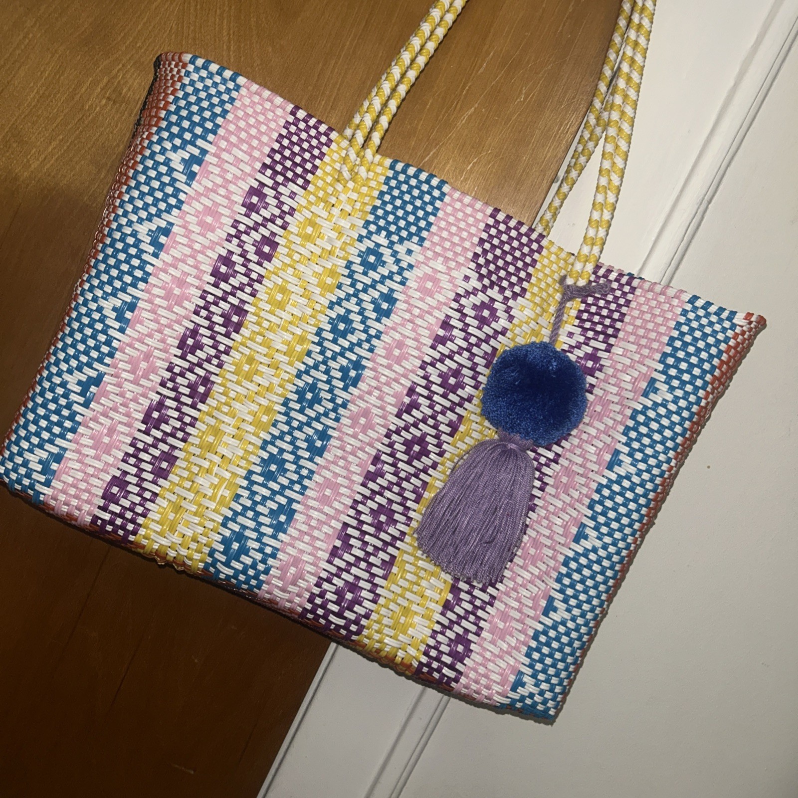 Multicolor mexican recycled plastic tote bag With Pom Pom Charm – Waterproof
