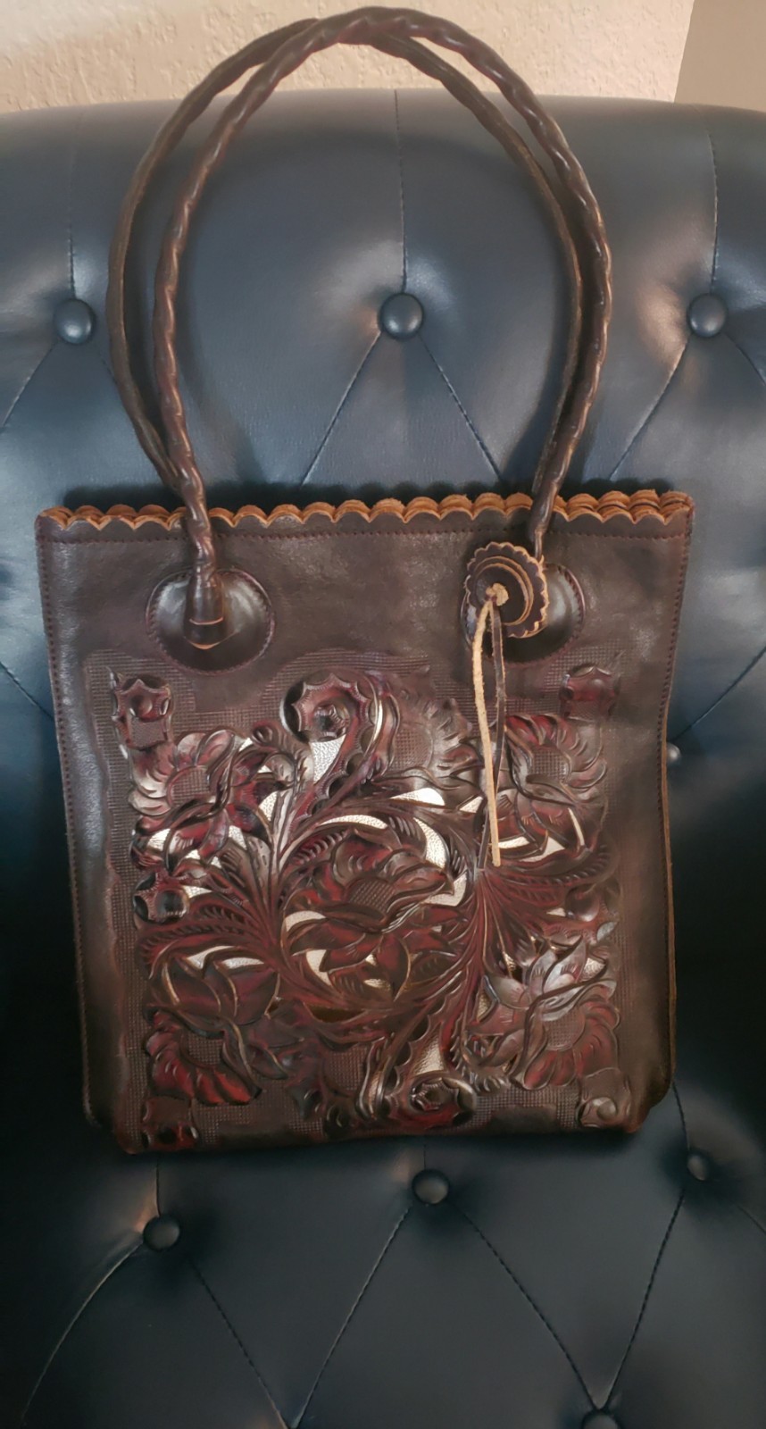 Patricia Nash Burnished Cutout Tooled Cavo Leather Tote In Plum – 13x14x5″