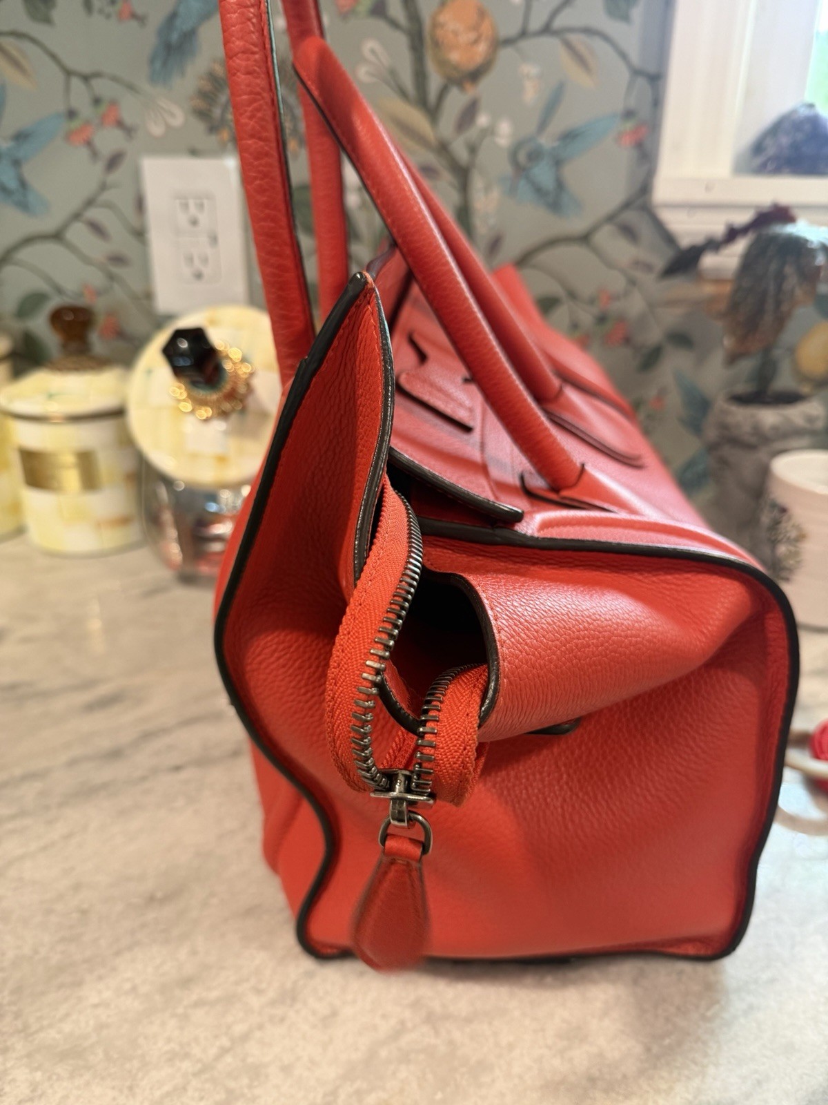CELINE Luggage Pebbled Satchel Top Handle Zip Silver Hardware