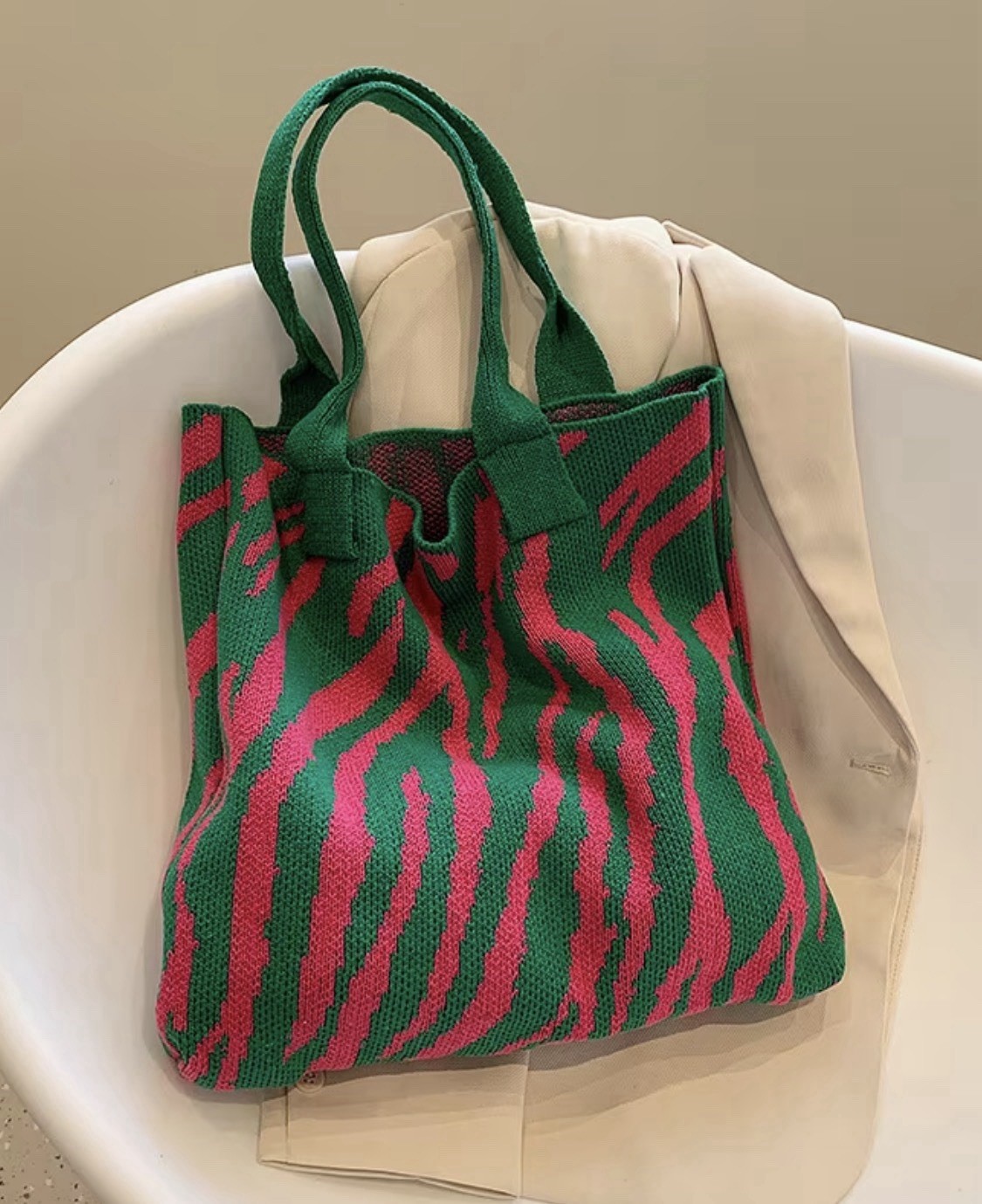 New Trendy Knitted Farmers Market Tote High Capacity GREEN PINK AKA COLORS