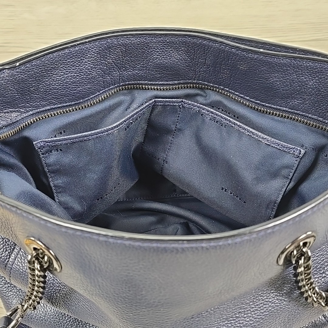 Coach Turlock Plum Pebbled Leather Navy Blue Chain Shoulder Tote Bag 57107