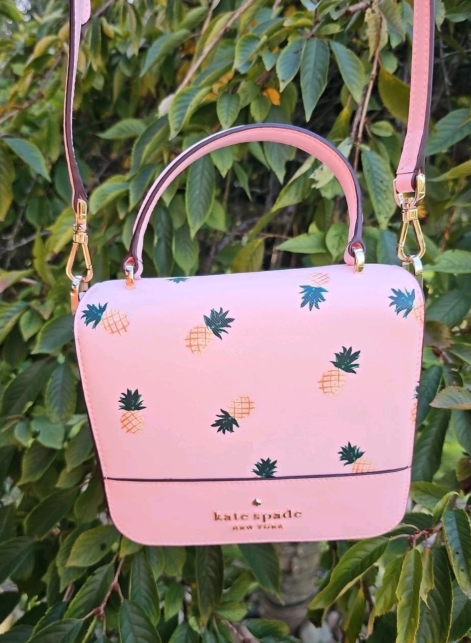 Kate Spade Staci Square Pink Pineapple Crossbody Handbag Purse Saffiano *READ