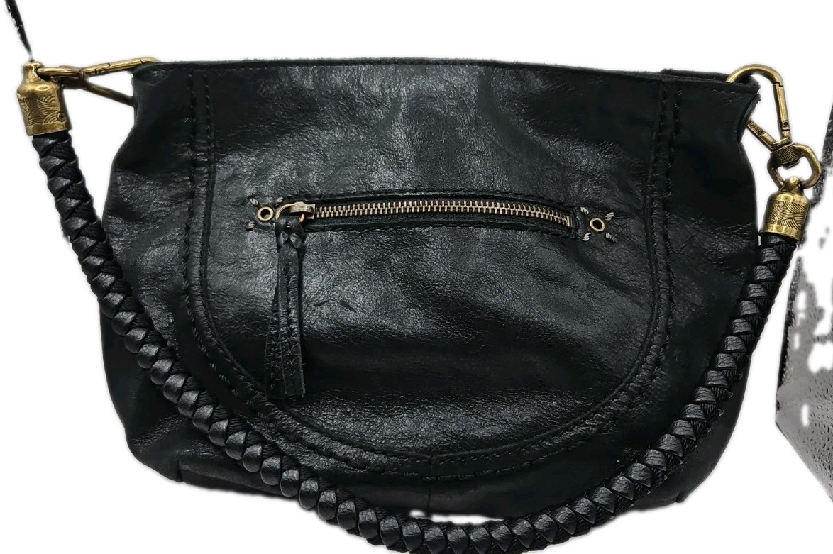 The Sak Collective Flores Black Pebbled Leather Shoulder Bag Braided Handle 12×9
