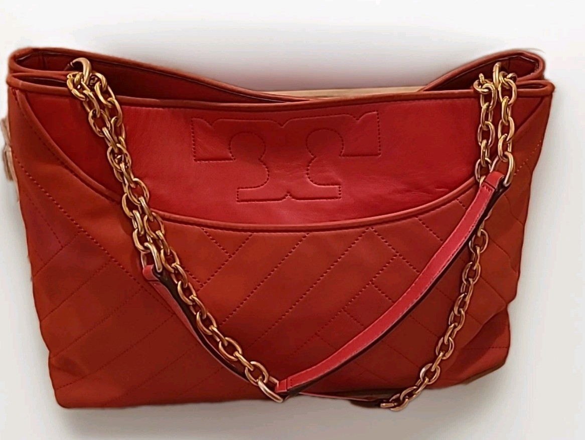 Tory Burch Alexa Quilted Slouchy Tote Bag Auburn Orange Leather Purse Handbag