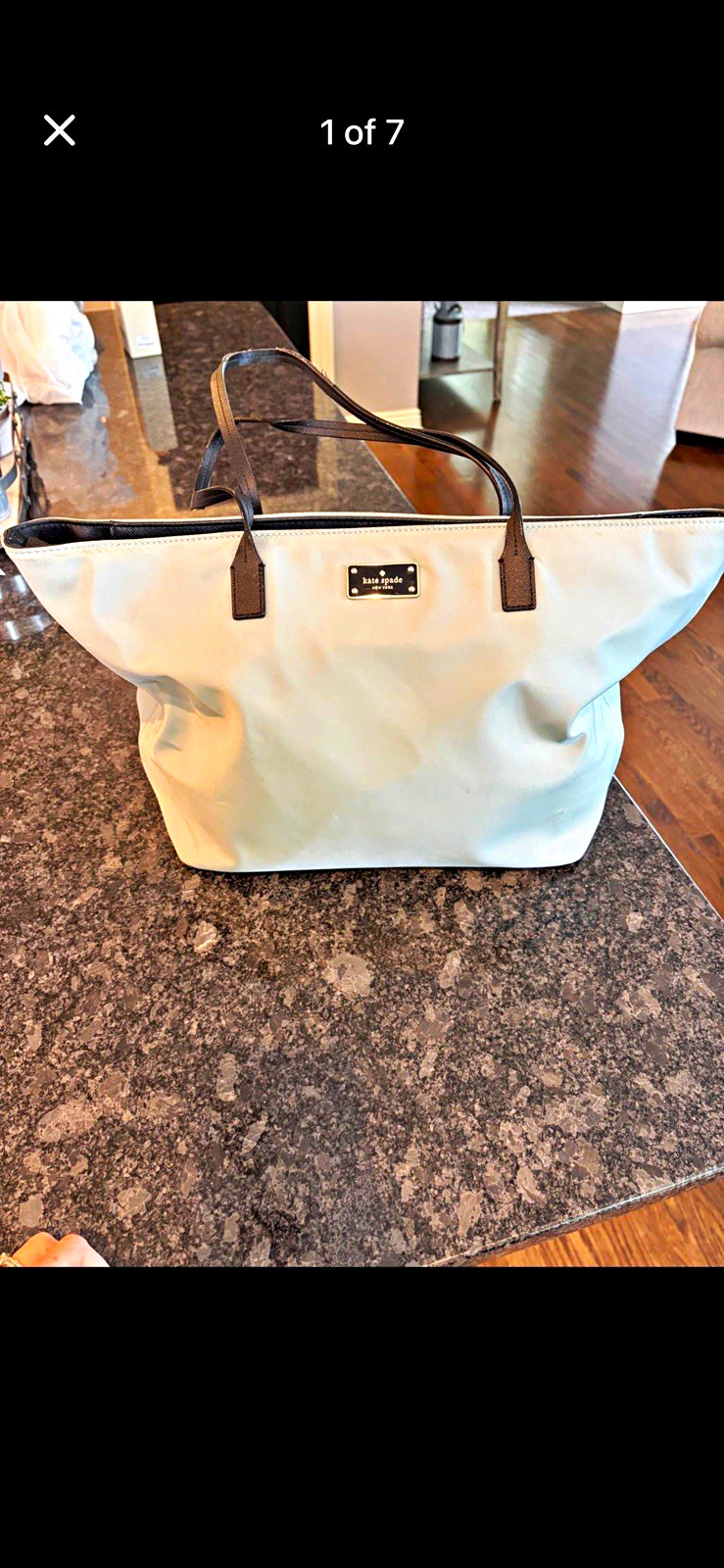 kate spade new york Light Blue Tote Zip Top Black Leather Handles Gold Hardware