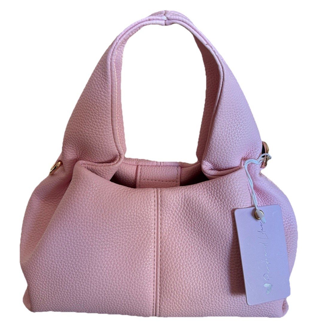 Purple and Lilac Brand Pink Pebbled Small Top Handle Bag Detachable Strap, Gold