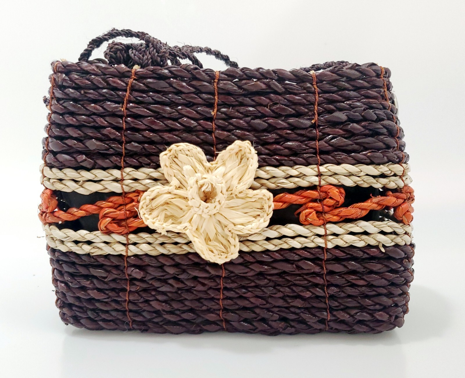 Straw Woven Lined Lightweight Shoulder Bag Dark Brown NEW