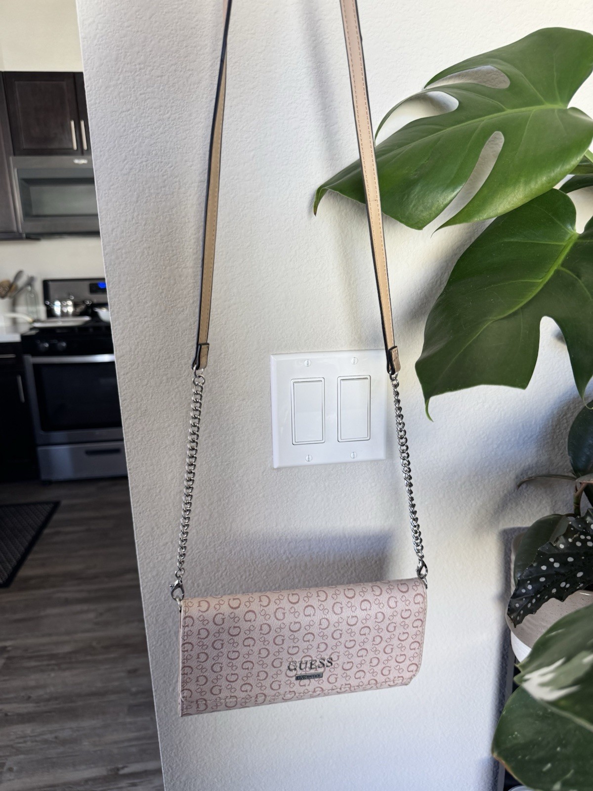 GUESS Beige/Brown Small Crossbody Bag Logo Pattern Chain Strap Detachable Silver