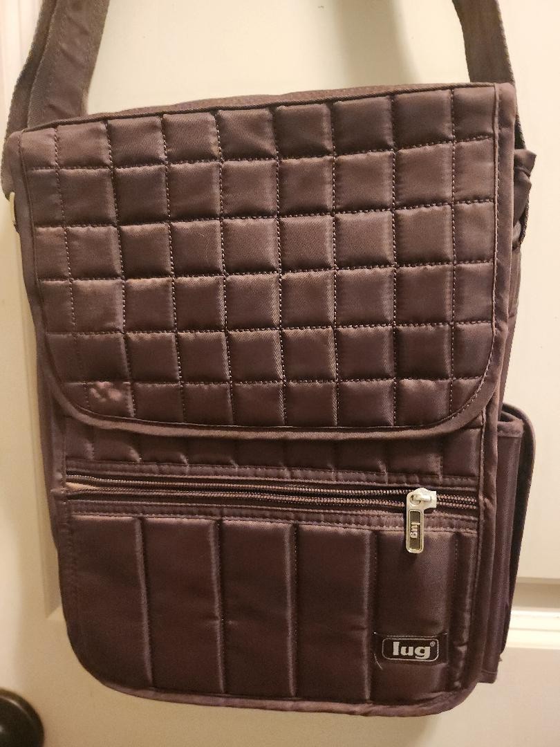 Lug Quilted Brown Crossbody Bag Flap Closure Silver Hardware Brown Lining Strap
