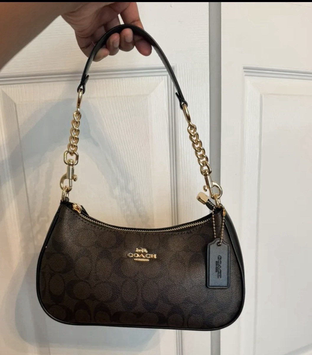 Just like coach Signature Brown Logo Crescent Shoulder Bag Small Gold Chain Str