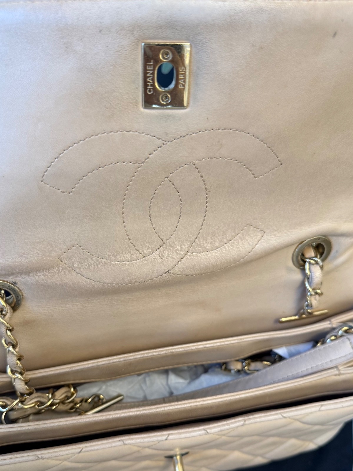 Chanel Beige Top Handle Bag Quilted Lambskin Medium Neutral Gold Hardware