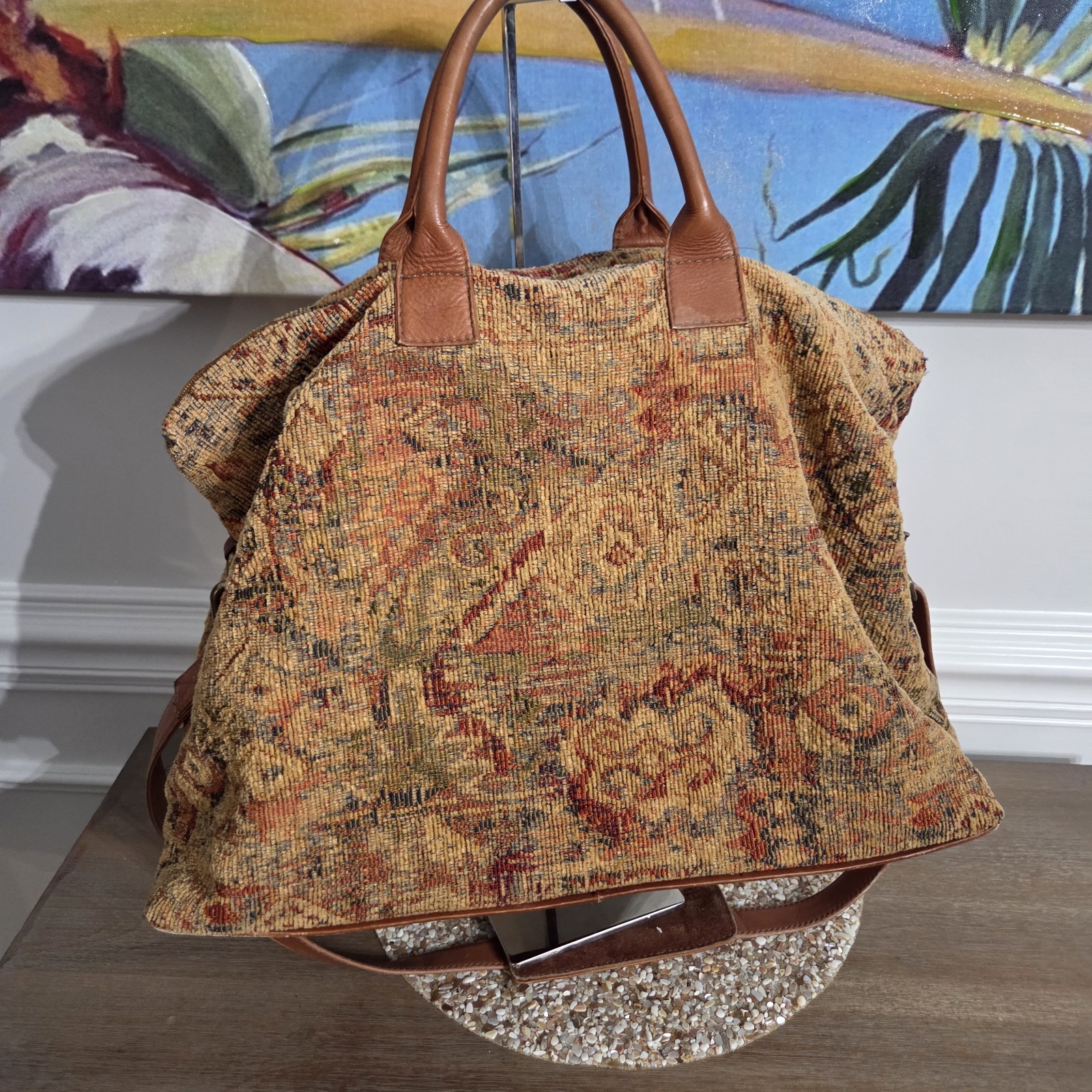 VINTAGE J Jill TAPESTRY WEEKENDER Leather Trim OVERNIGHT BAG Large CARPET BAG