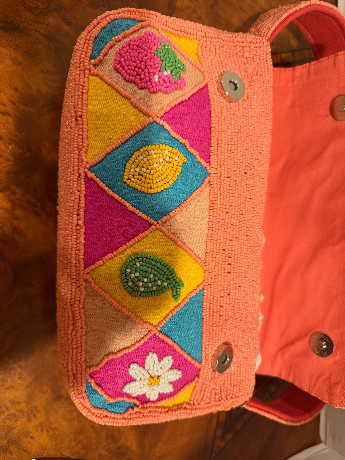 VIRAL NWT Orange Pink Fruit Strawberry Floral Beaded Bag Handmade in India