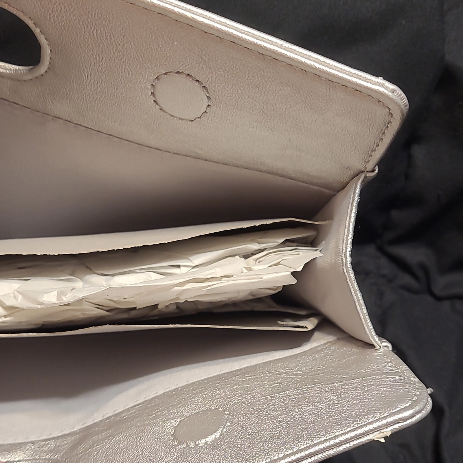 Express Metallic Silver Clutch Cut-Out Top Handle Magnetic Closure Women’s