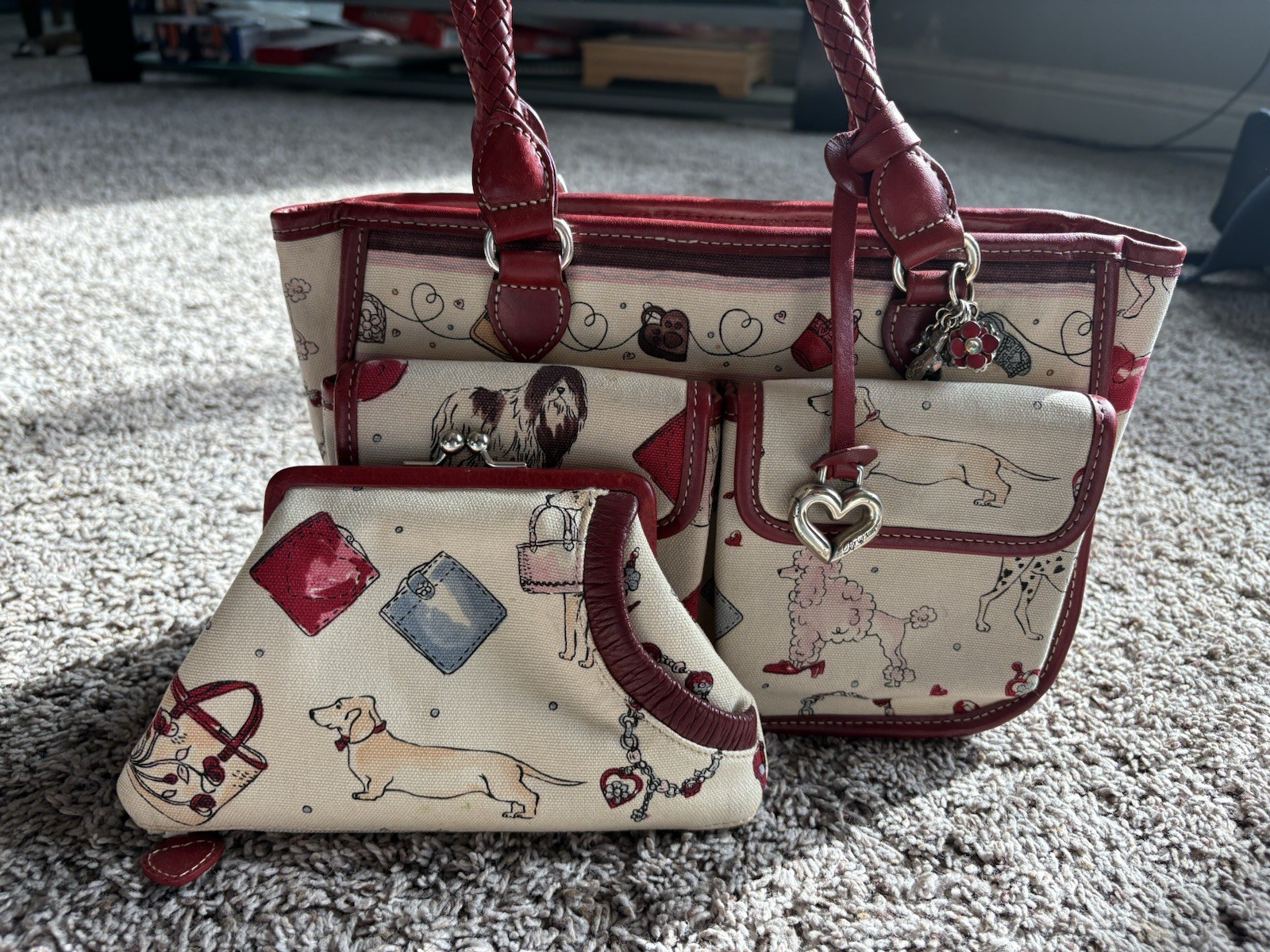 Brighton Medium Satchel Beige/Red Dog Print Zip w/ Matching Pouch & Charm