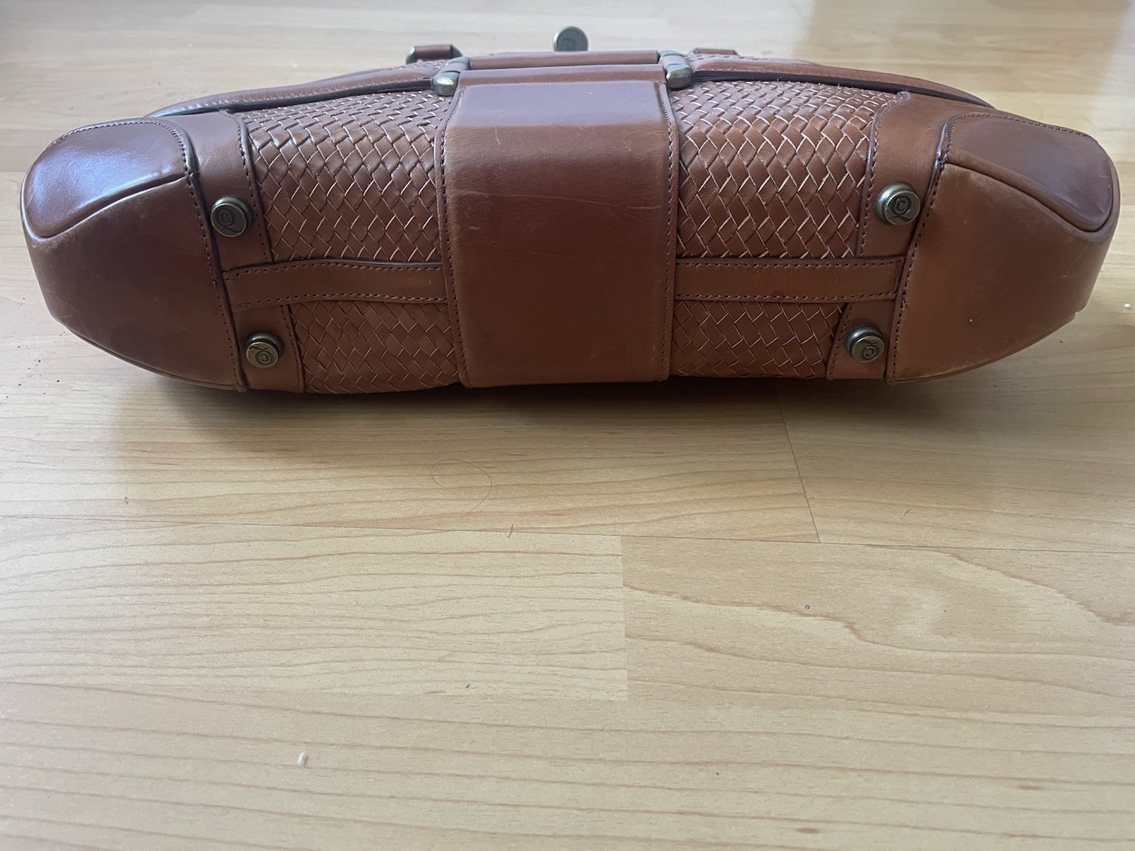 Authentic Alexander McQueen Novak Woven Leather Bag Caramel Cognac Toffee 16”