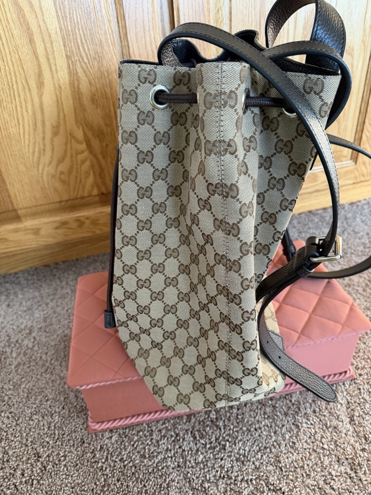 Rare FindGUCCI RUCKSACK BACKPACK CANVASLEATHER BEIGE BROWN USED & DUST BAG & CoA